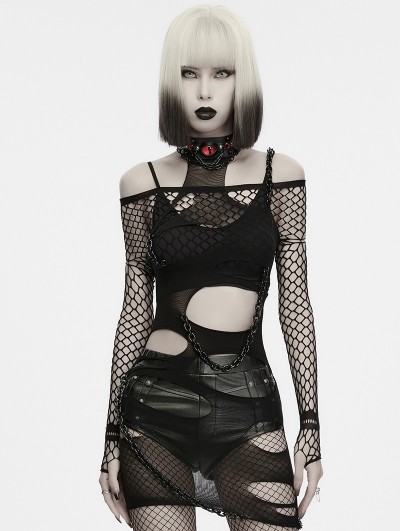 Punk Rave Black Gothic Sexy Ripped Chain Top for Women