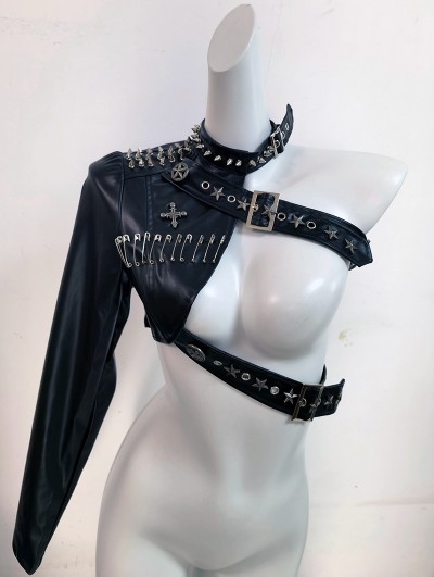 Black Gothic Punk One Shoulder Leather Jacket for Women