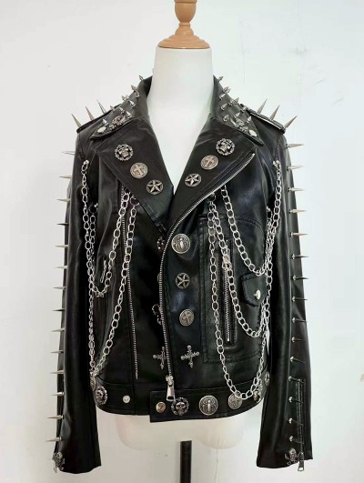 Black Gothic Punk Skull Rivets Leather Jacket for Women