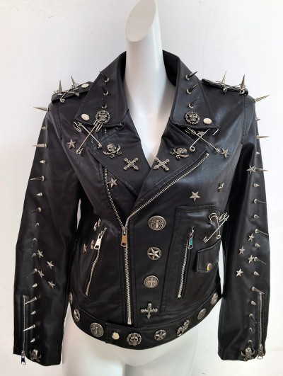 Black Gothic Punk Skull Spike Studded Jacket for Women