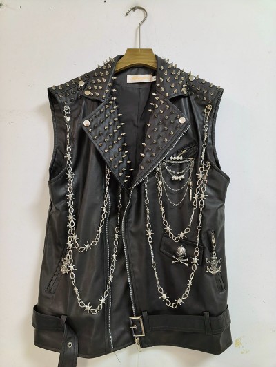 Black Gothic Women's Spiked Punk Vest with Chain