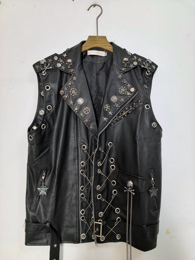Black Gothic Star Studded Punk Leather Vest for Men