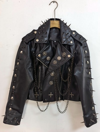 Black Gothic Skull Studded Motorcycle Leather Jacket for Women