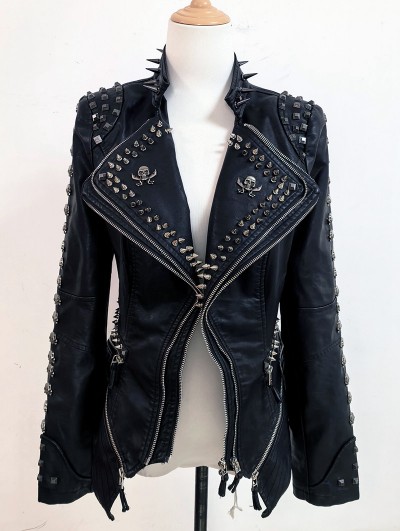 Black Gothic Punk Studded Slim Fit Jacket for Women
