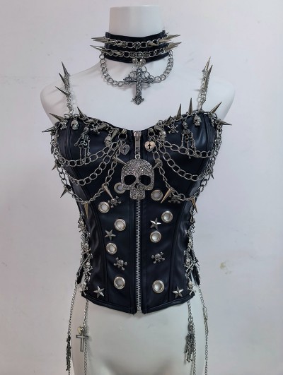 Black Punk Gothic Skull Studded Chain Cami Top for Women