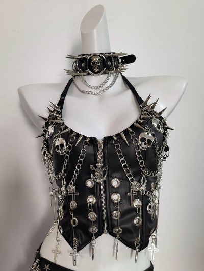 Black Gothic Punk Skull Cross Chain Halter Top for Women