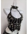Black Gothic Punk Skull Cross Chain Halter Top for Women