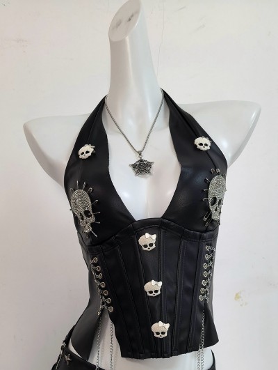 Black Gothic Skull Chain Halter Vest Top for Women