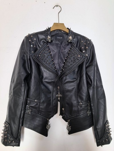 Black Gothic Punk Skull Rivets Unisex Leather Jacket