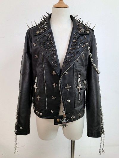 Black Gothic Punk Skull Spike Studded Jacket for Women