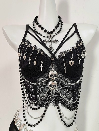Black Gothic Punk Sexy Lace Camisole Top for Women