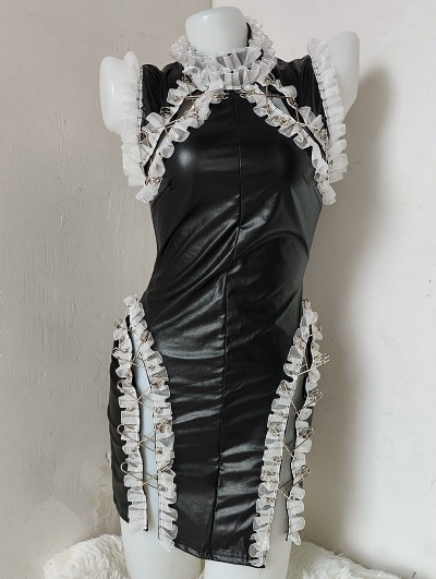Black Gothic White Ruffle Patchwork PU Leather Dress