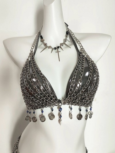 Silver Gothic Punk Chain Halter Bra Harness