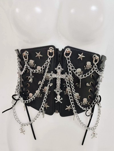 Black Gothic Cross Skull Punk Corset Belt with Chain