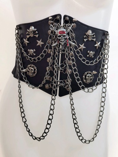 Black Gothic Punk Skull Studded Girdle with Chain