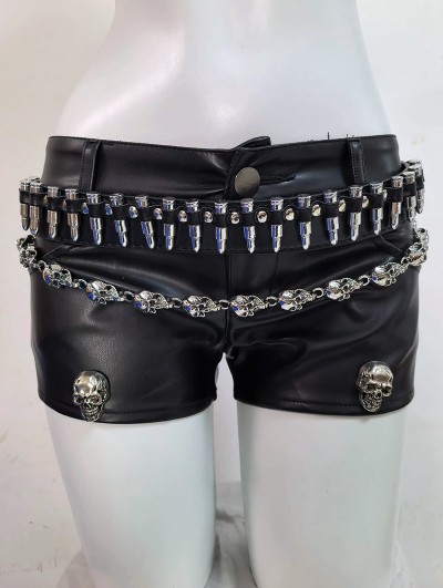 Black Gothic Punk Skull Bullet Studded Leather Shorts