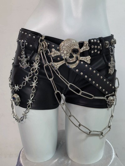 Black Gothic Punk Skull Rivets Leather Shorts with Chain