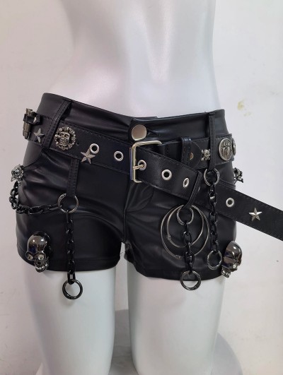 Black Gothic Skull Studded Punk Leather Shorts