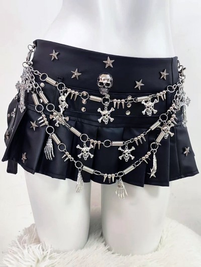 Black Gothic Skull Chain Punk Pleated Mini Skirt