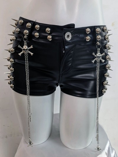 Black Gothic Skull Studded Punk Shorts with Chain