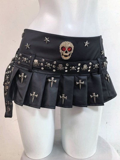 Black Gothic Skull Rivets Punk Mini Skirt
