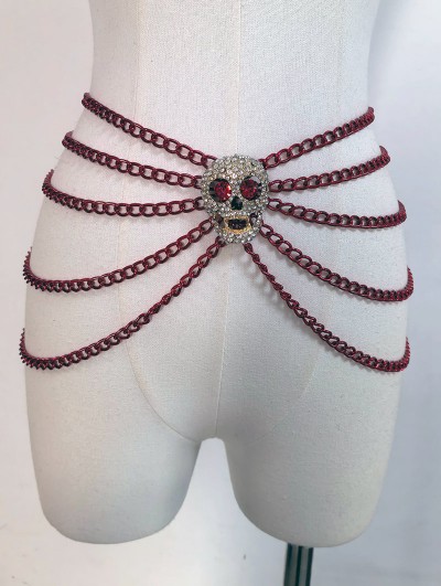 Red Gothic Crystal Skull Chain Belt Harness