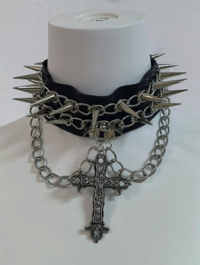 Black and Silver Punk Gothic Cross Spiked Choker