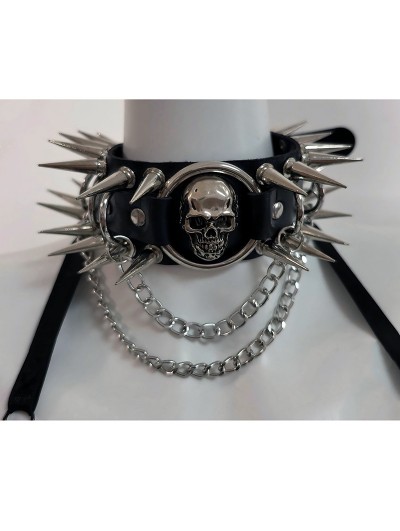 Black and Silver Skull Spikes Choker with Chain