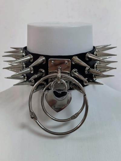 Black and Silver Punk Studded Heart Lock Choker