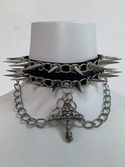 Black Gothic Skull Cross Pendant Punk Spiked Choker