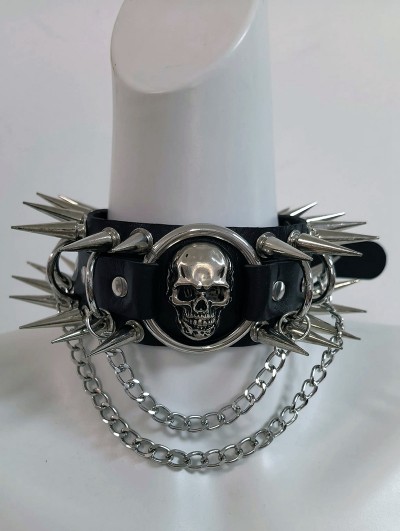 Black Gothic Punk Skull Spiked Rivet Leather Choker