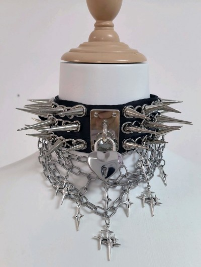 Black and Silver Punk Spiked Star Chain Choker