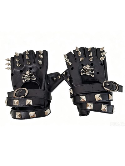 Black Gothic Cyberpunk Skull Studded Leather Gloves