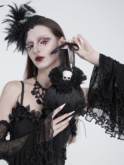 Eva Lady Black Gothic Skull Rose Drawstring Pouch Bag