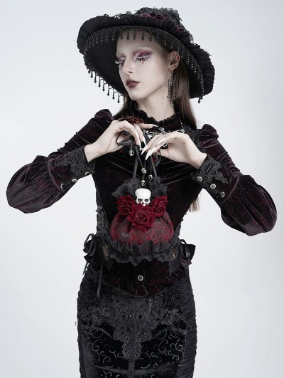 Eva Lady Wine Red Gothic Skull Rose Drawstring Pouch Bag