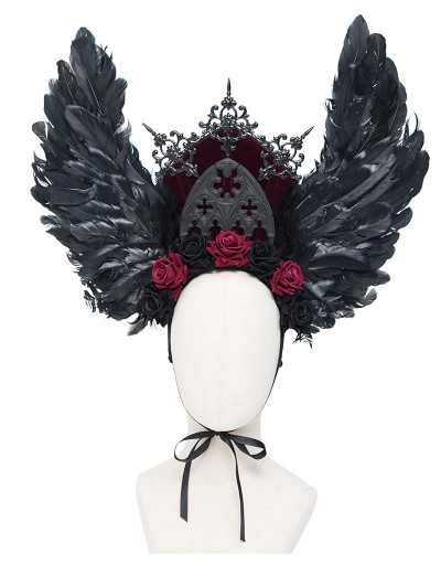 Eva Lady Black and Red Rose Gothic Feather Wing Headband