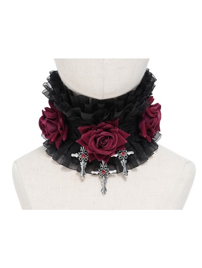 Eva Lady Black and Red Rose Gothic Cross Ruffled Collar
