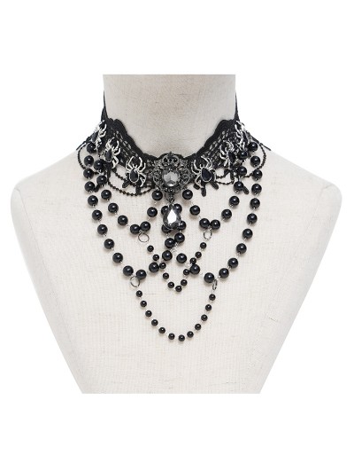 Eva Lady Black Gothic Spider Crystal Beaded Lace Necklace