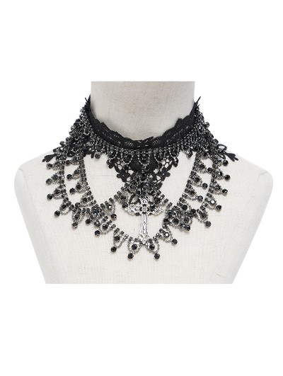 Eva Lady Black and Silver Retro Gothic Cross Beaded Necklace