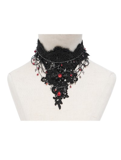 Eva Lady Black Gothic Red Cystral Embroidered Lace Necklace