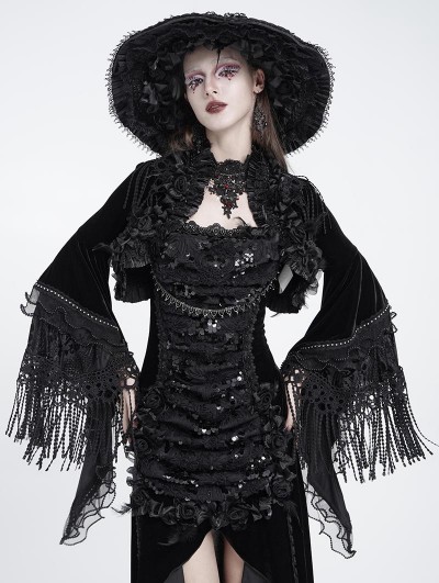 Eva Lady Black Retro Gothic Beaded Fringe Bolero Cape for Women