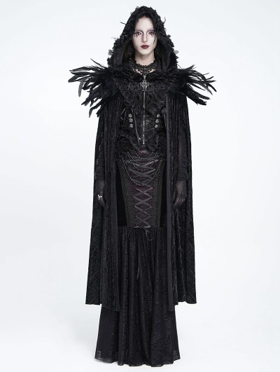Eva Lady Black Retro Gothic Feather Hooded Cloak for Women