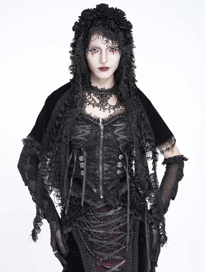 Eva Lady Black Gothic Floral Lace Tassel Hooded Cloak for Women