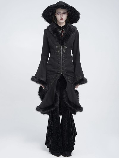 Eva Lady Black Gothic Plush Fur Trim Flared Coat for Women