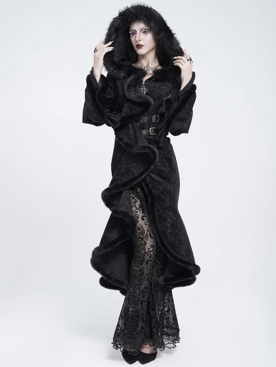 Eva Lady Black Gothic Faux Fur Trim Hooded Buckle Coat for Women