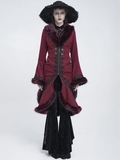 Eva Lady Wine Red Gothic Plush Fur Trim Flared Coat for Women