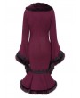 Eva Lady Wine Red Gothic Plush Fur Trim Flared Coat for Women