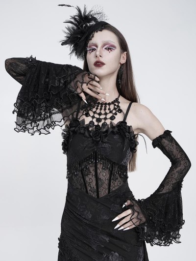 Eva Lady Black Gothic Beaded Floral Lace Flared Sleeves