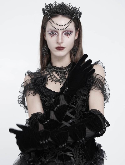 Eva Lady Black Gothic Velvet Patchwork Full Finger Gloves