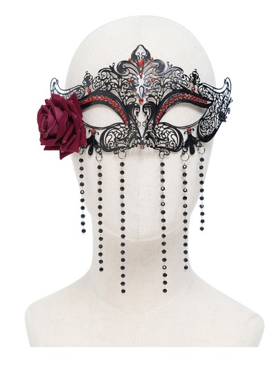 Eva Lady Black and Red Gothic Floral Beaded Tassel Masquerade Mask